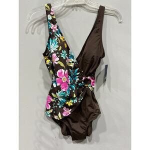 Jantzen Swimsuit One-piece V-neck Womens Size 8 Floral Brown New